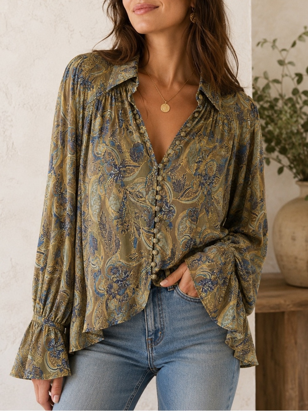 Free people modern muse Paisley Button-Front Women’s Blouse in Olive and Blue M